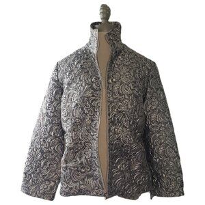 CT1576 Ethyl Metallic and Black Evening Floral Mock Neck Zip Jacket S